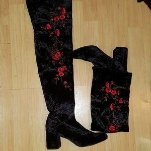 Black Thigh High Boots Red Flower Embroidery